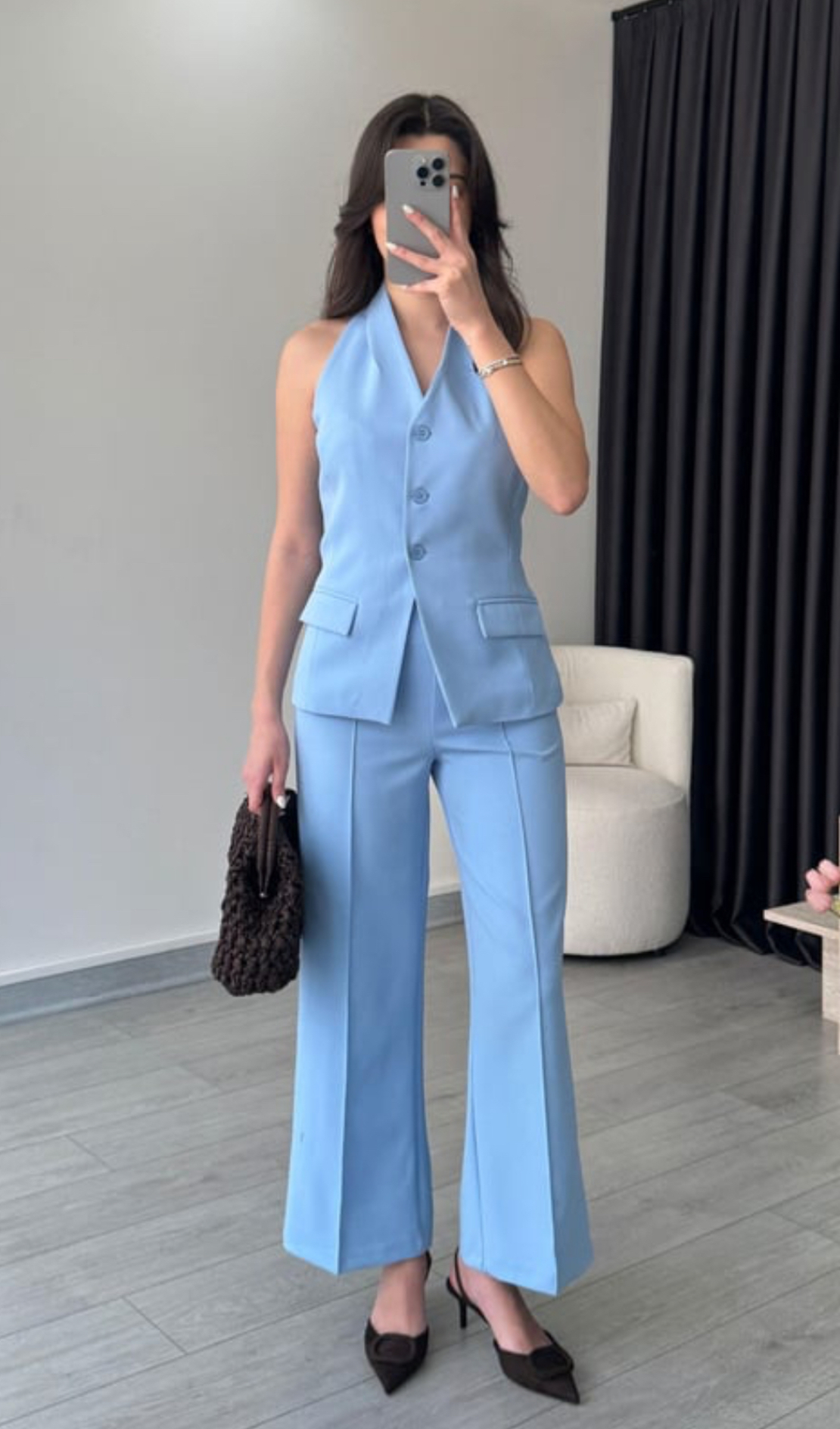 “Back Charm” Blue -  Костюм от елек с гол гръб и широк панталон