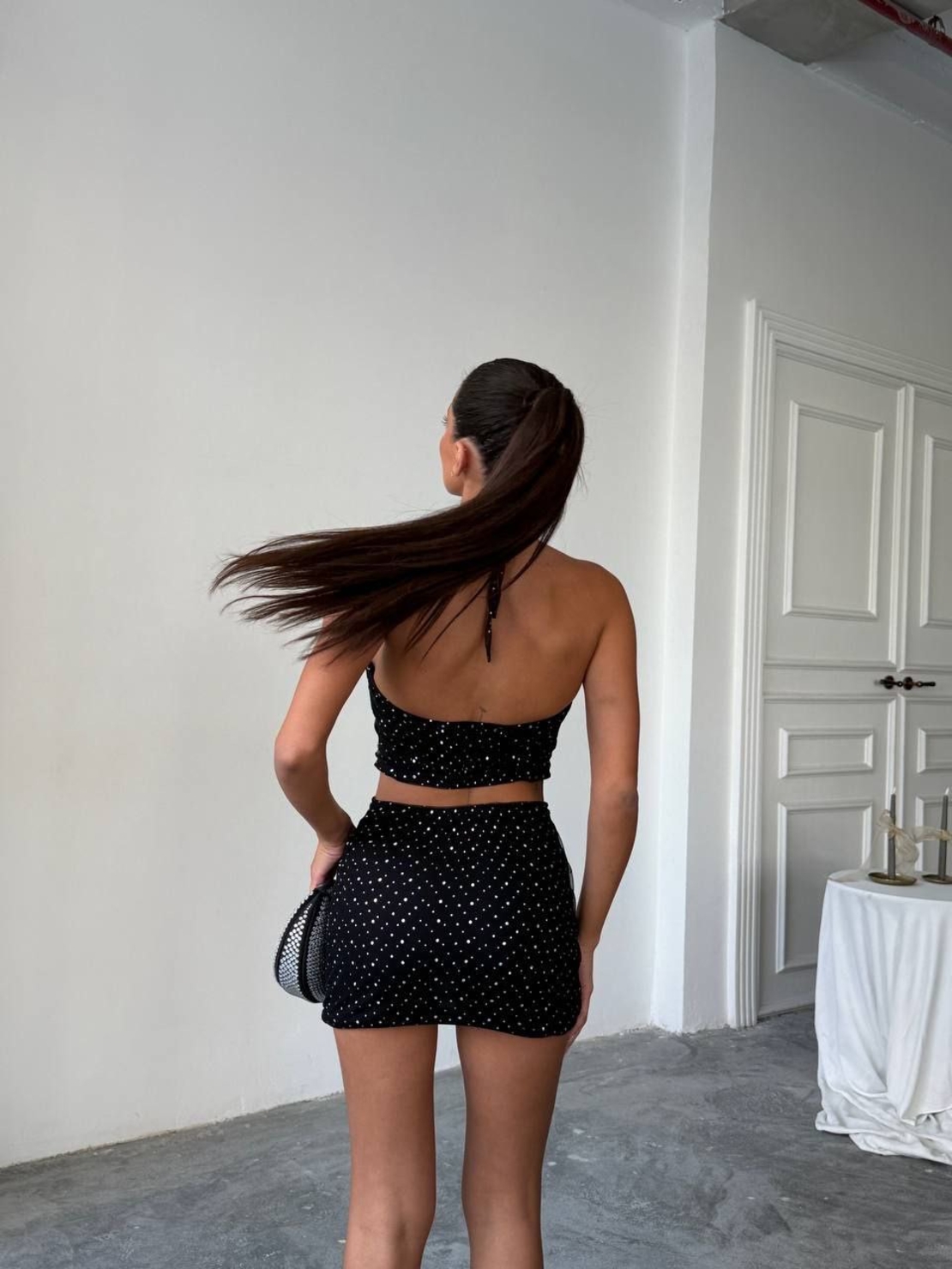 SPARKLE SET Black Комплект с камъни – мини пола и късо бюстие