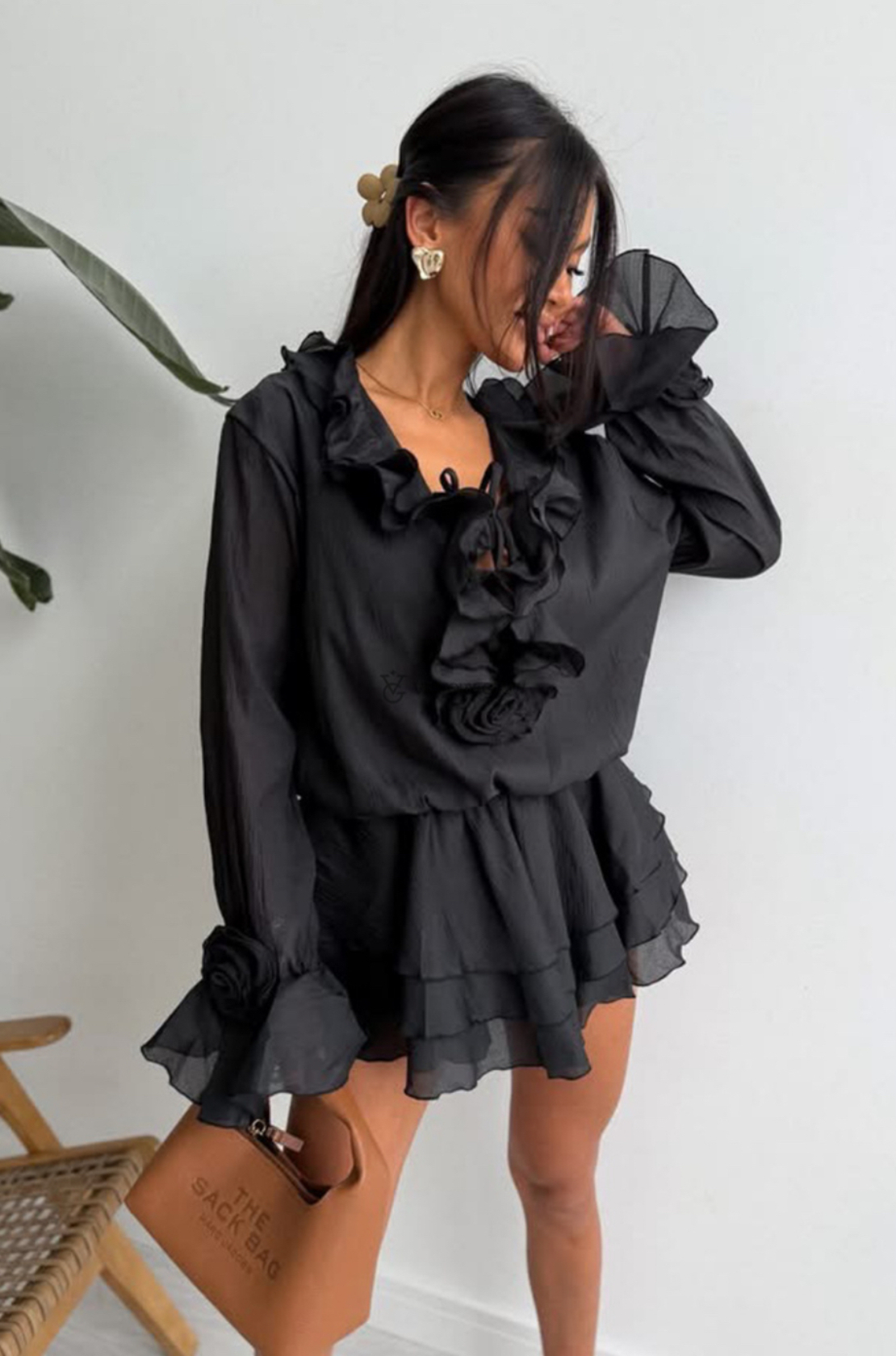 “Rosé Chic”  Black - Ефирна рокля с волани