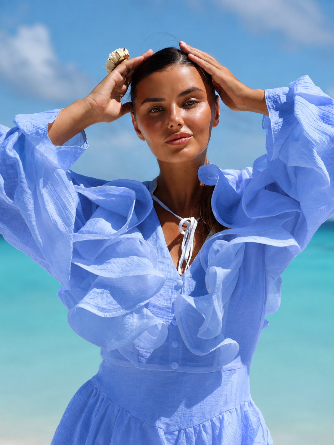 “ Azure Santorini “ blue -  ефирна рокля с 3D волани