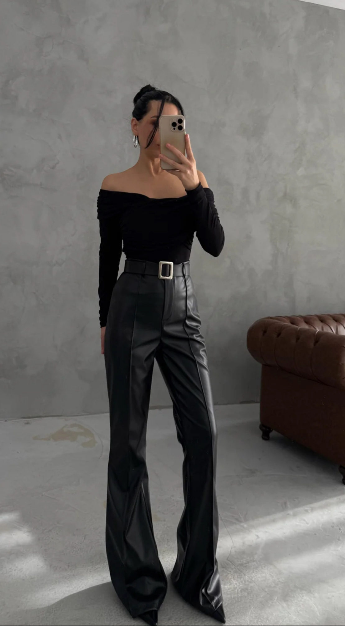 Кожен панталон High Rise Flare с колан Black