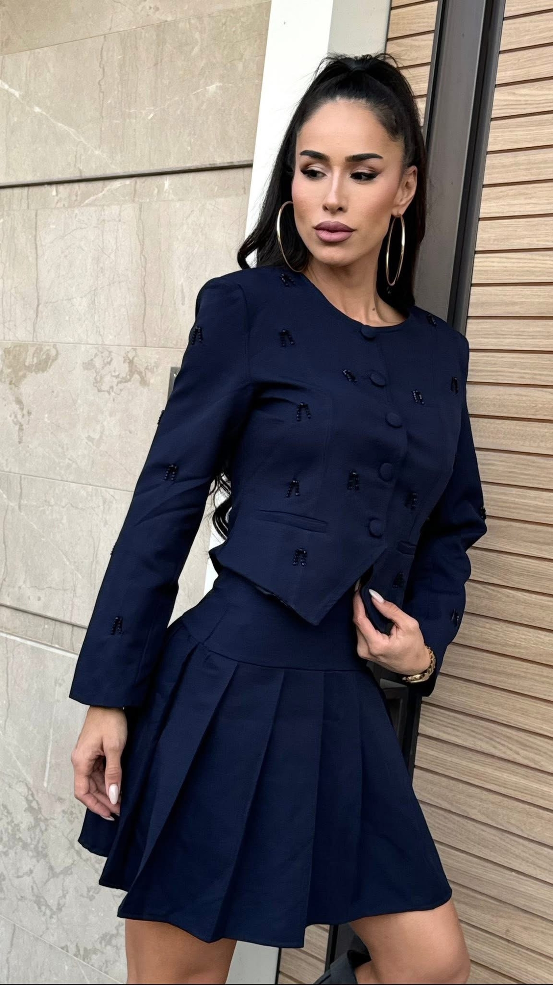 “Navy Chic Set”  - костюм сако и пола с мъниста