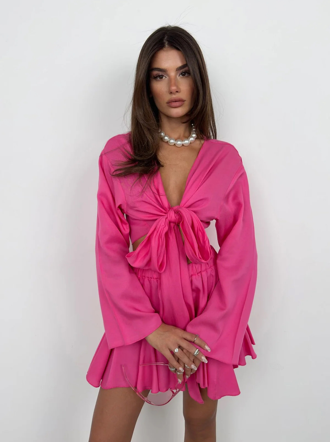 FASHION BLOOM Комплект от пола и риза с панделка Pink