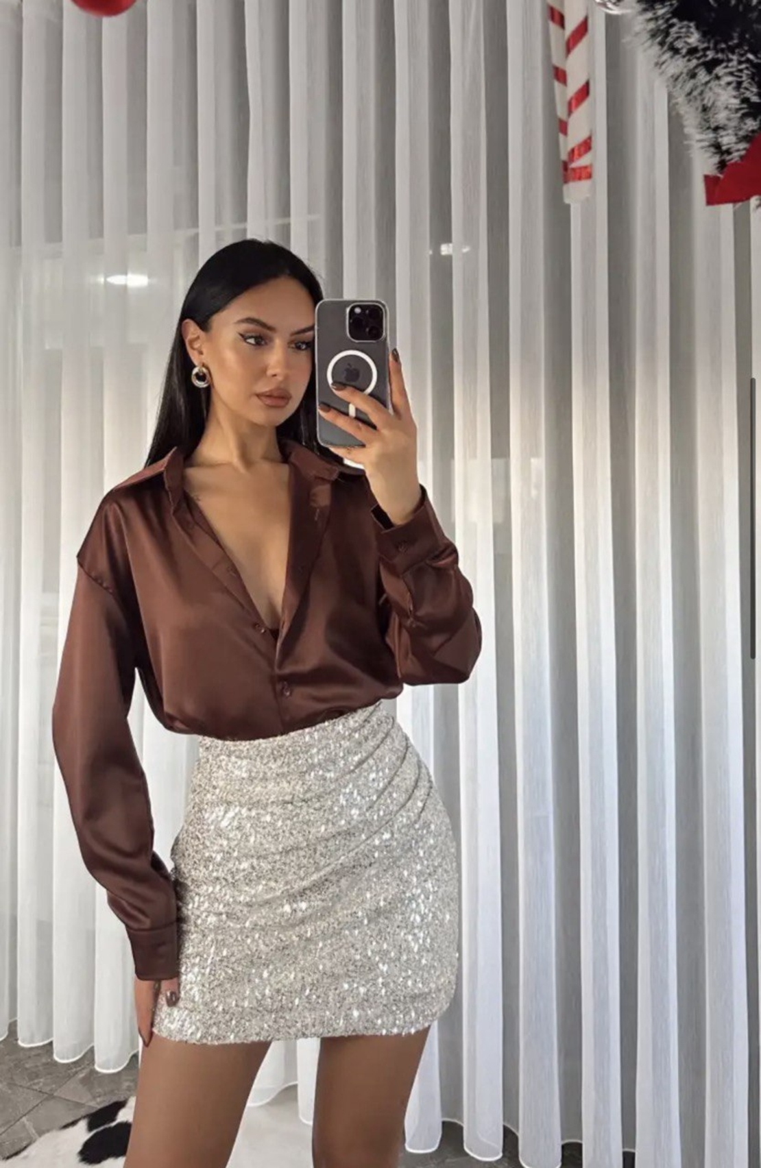 Midnight Satin Shirt Mocha- сатенена риза