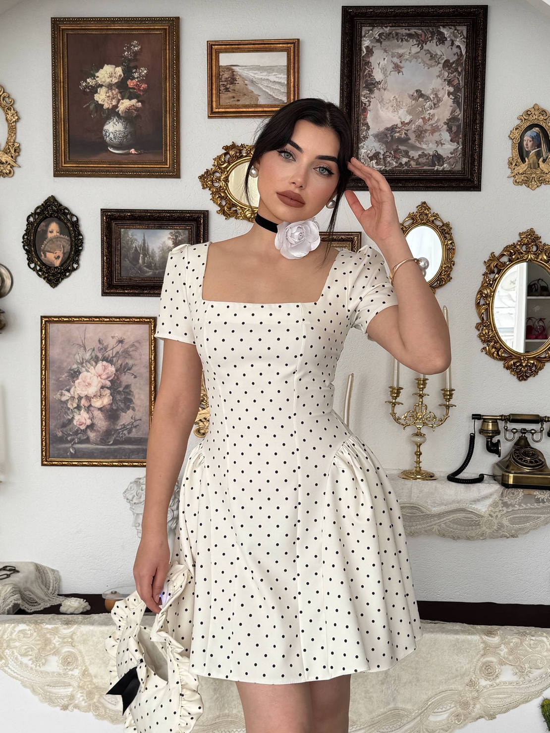 “Polka Grace” white - Рокля с връзки на гърба