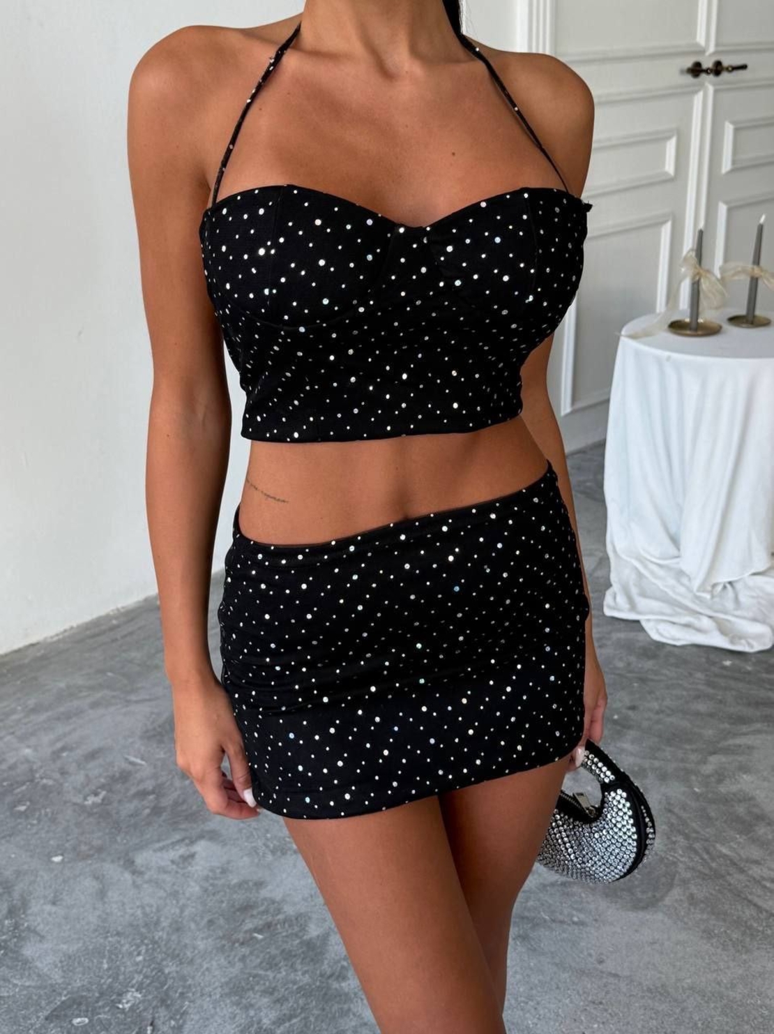 SPARKLE SET Black Комплект с камъни – мини пола и късо бюстие
