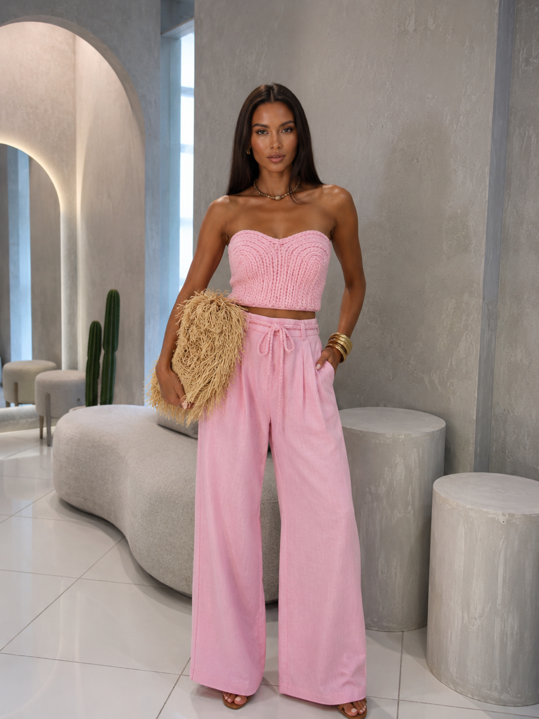 “Limoncello” pink – Комплект с плетен бюстие и широк панталон