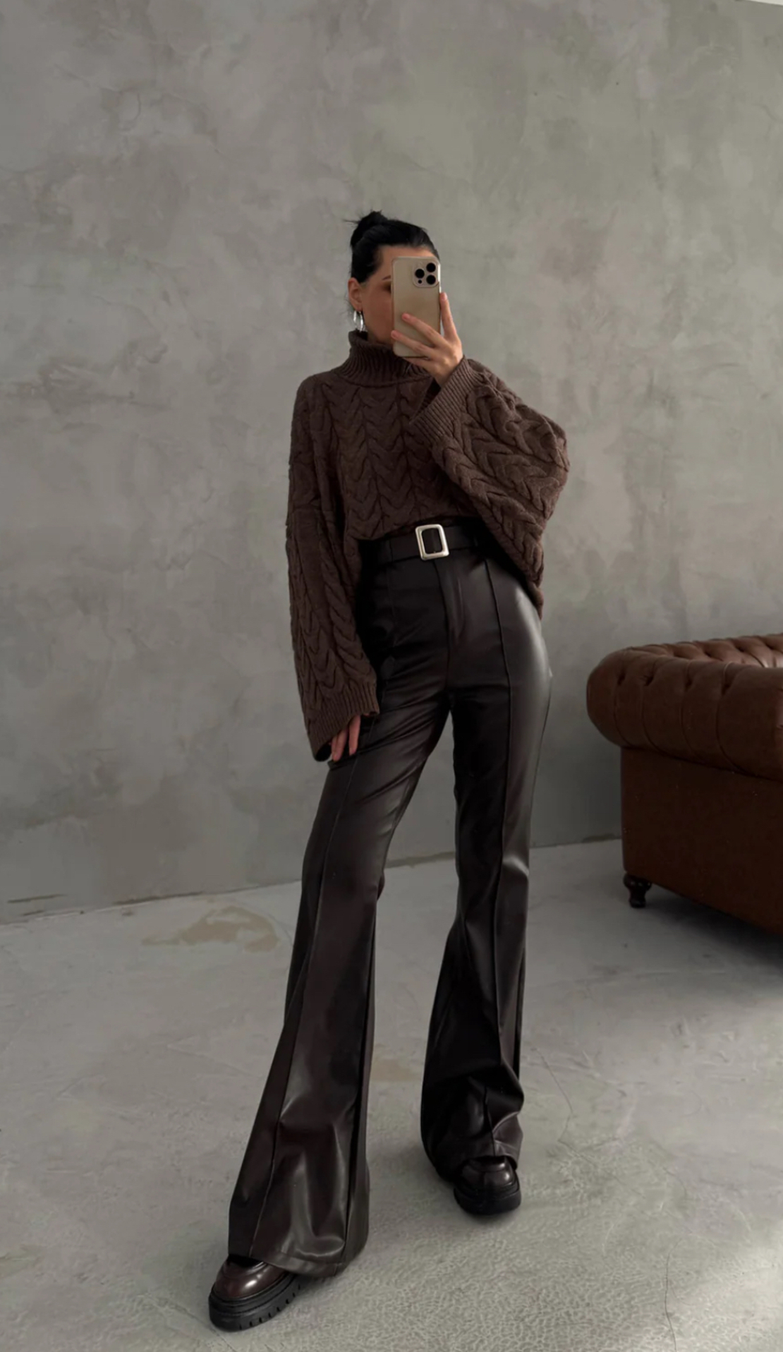 Кожен панталон High Rise Flare с колан Khaki