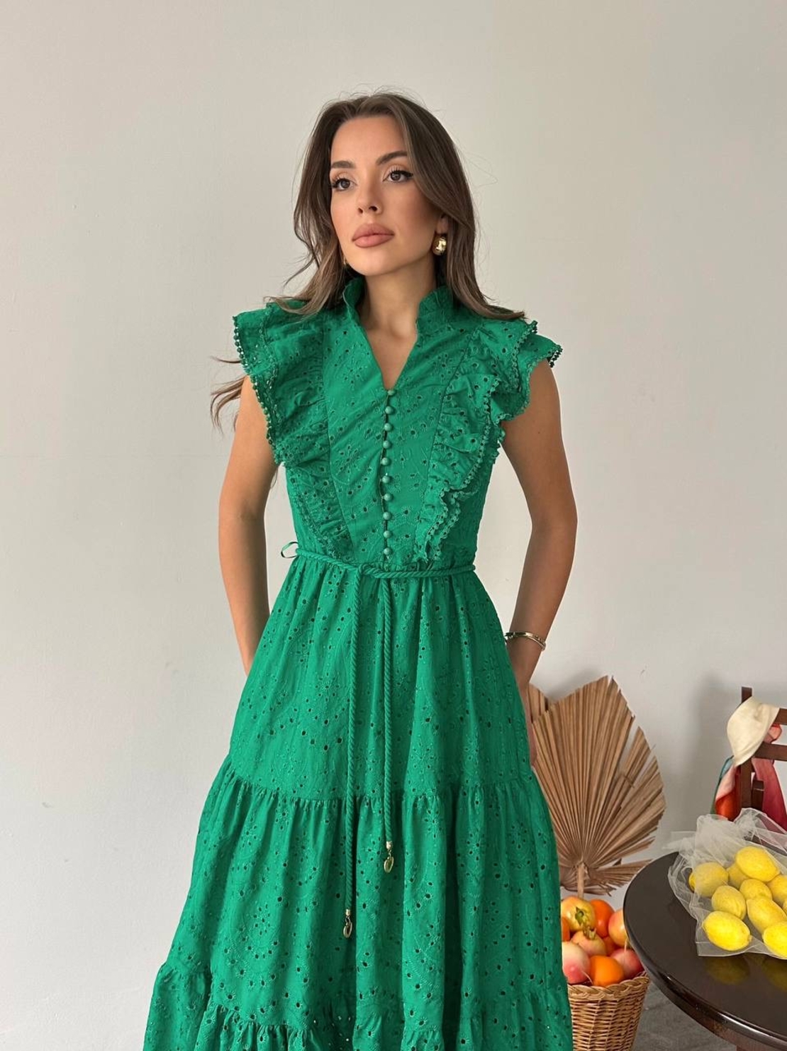 Дълга рокля с английска бродерия Green
