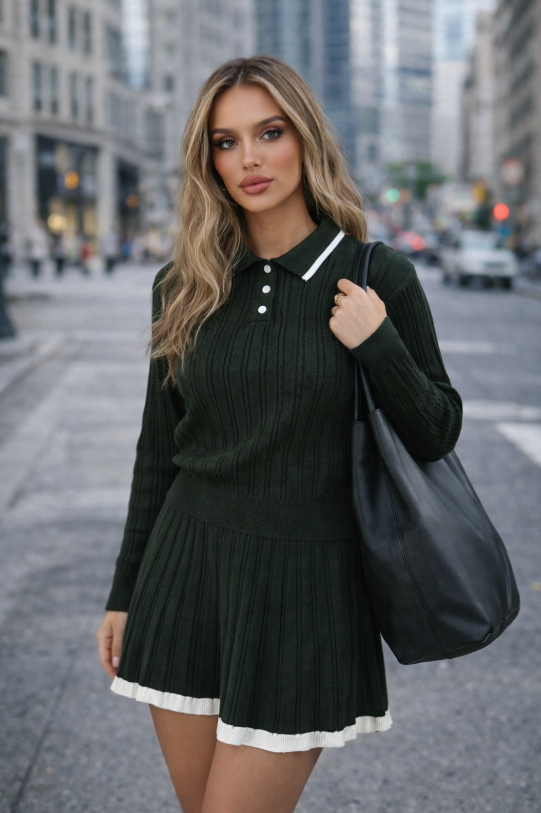 Плетен комплект с якичка и плисирана пола Soft Chic Green