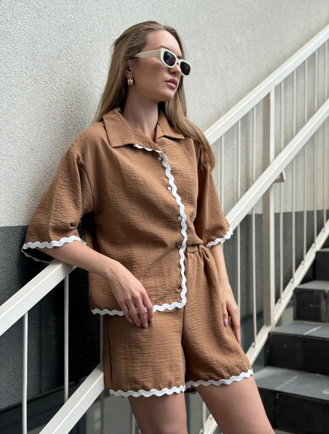 Summer Ease Brown  – Комплект риза с къс ръкав и панталонки