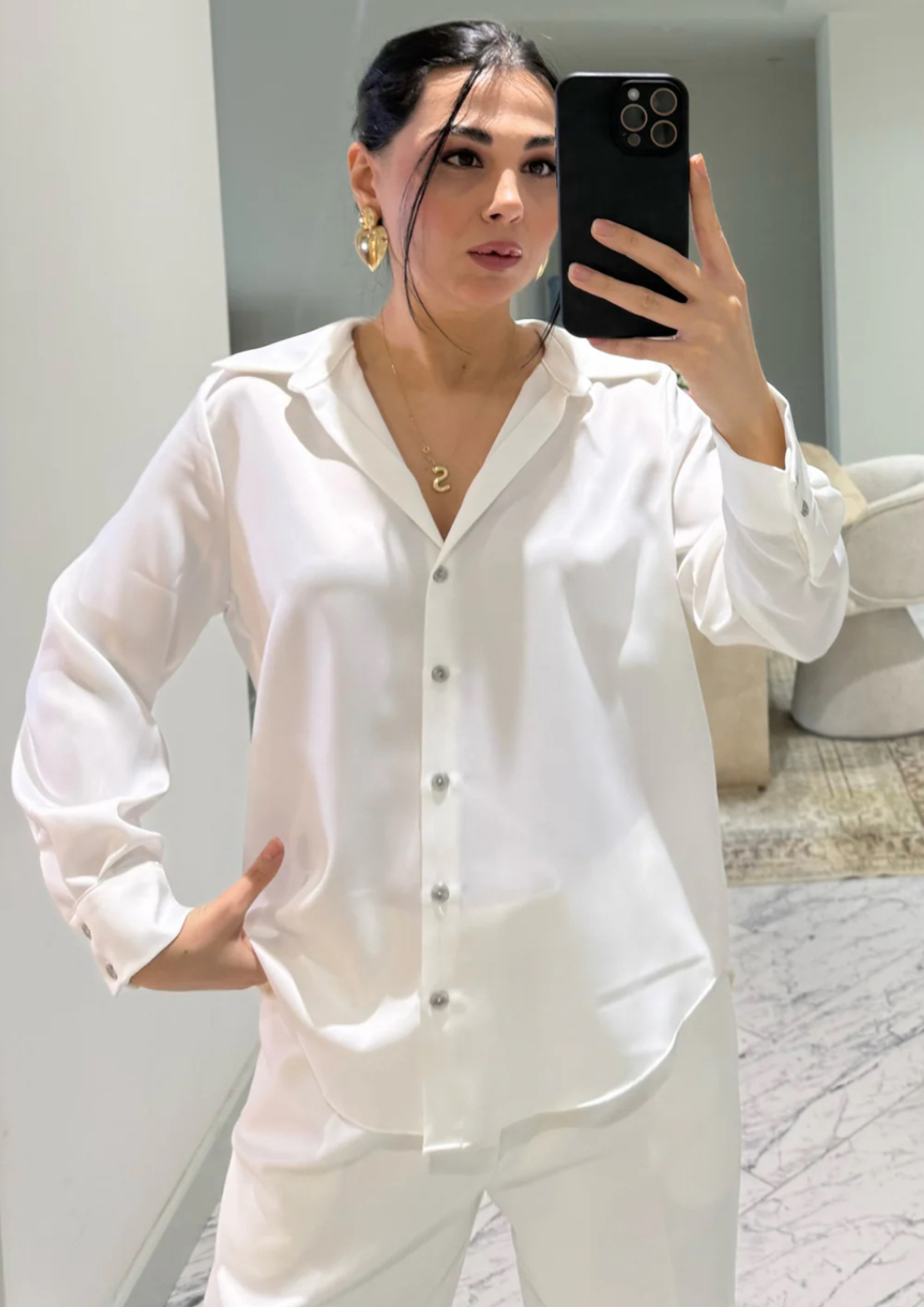 Midnight Satin Shirt White - сатенена риза