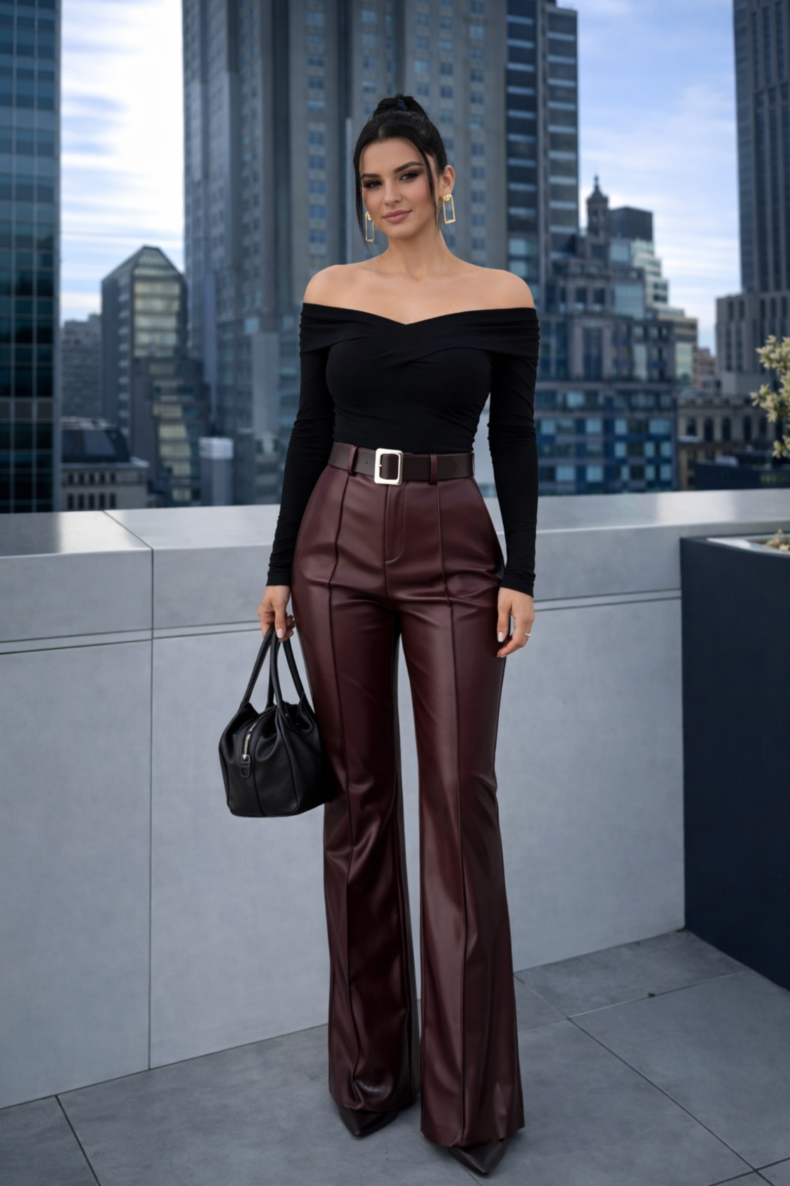 Кожен панталон High Rise Flare с колан Burgundy