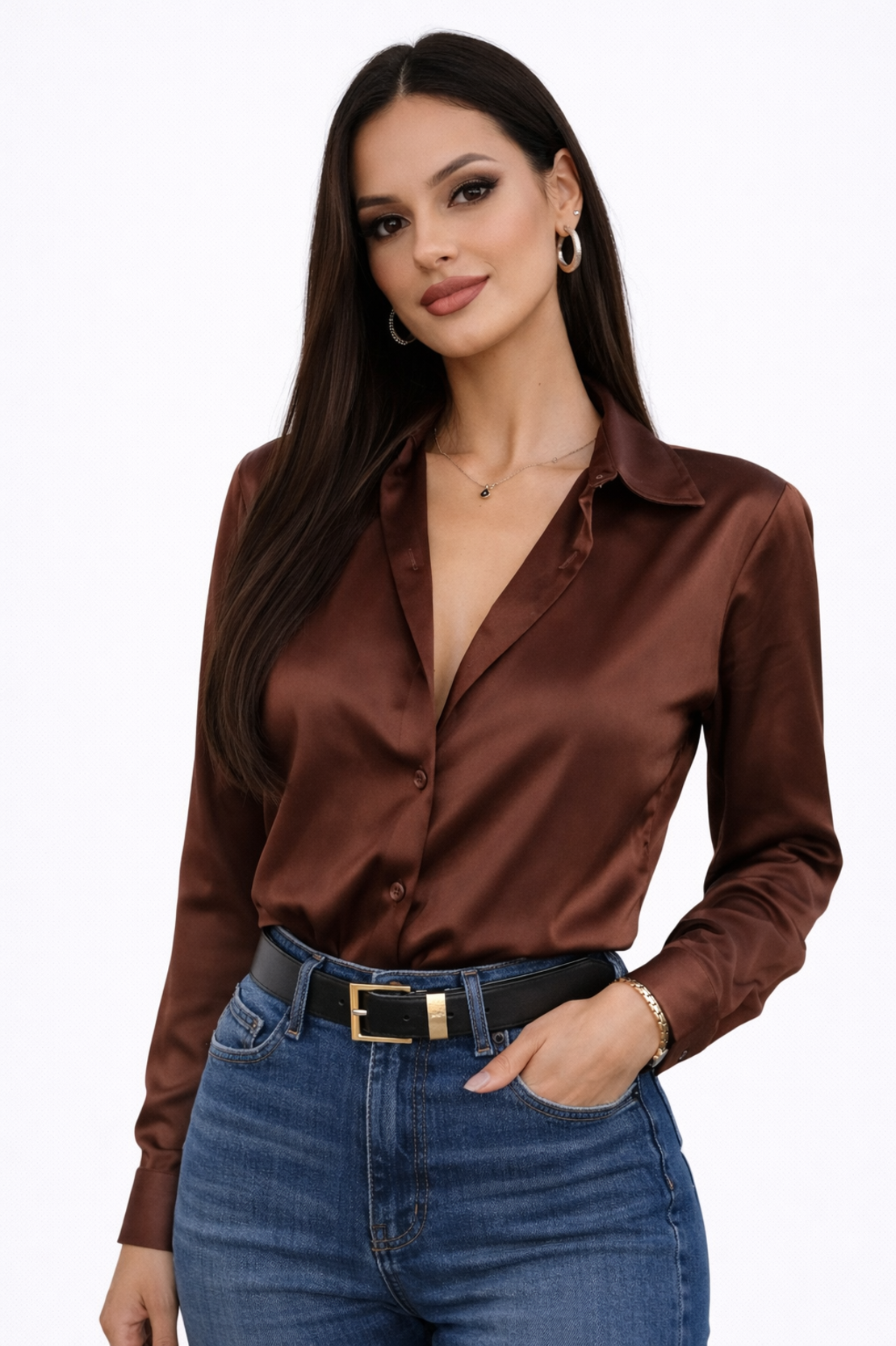 Midnight Satin Shirt Mocha- сатенена риза