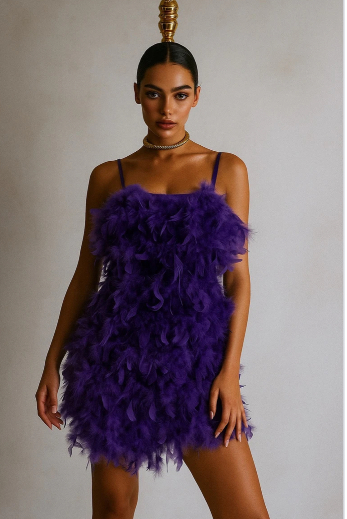 “ Champagne Feathe ” purple - Къса рокля с пера
