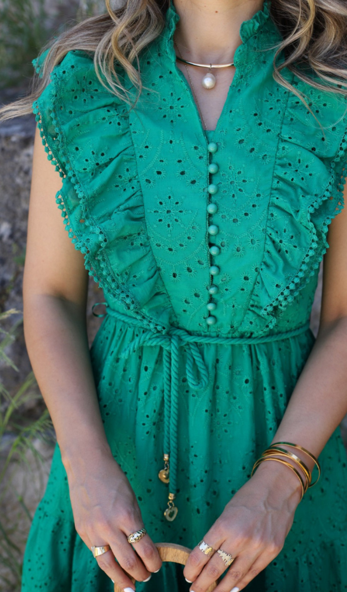 Дълга рокля с английска бродерия Green