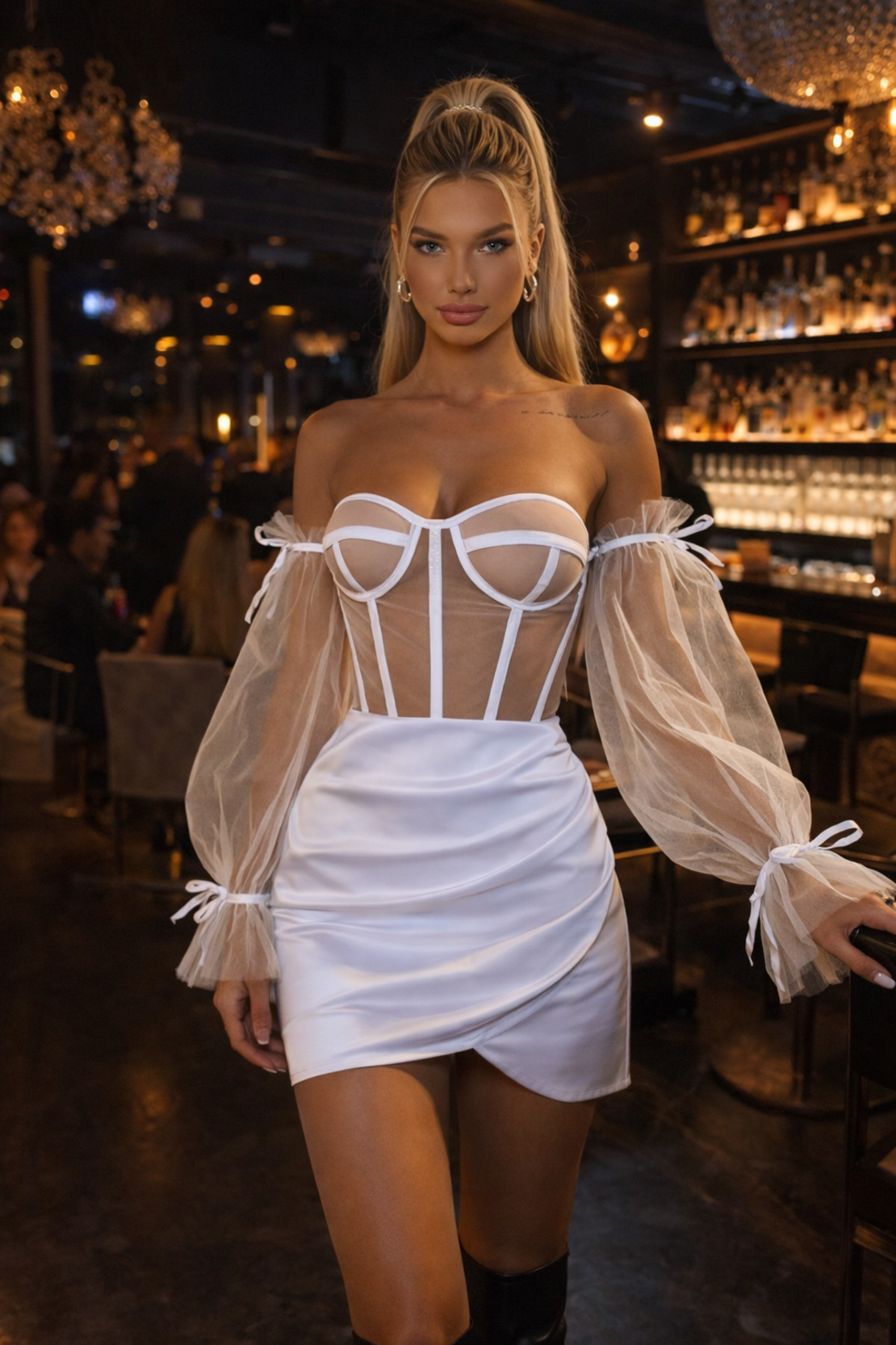 “Tulle Desire” –Сет от бюстие с тюлен ръкав и сатенена пола