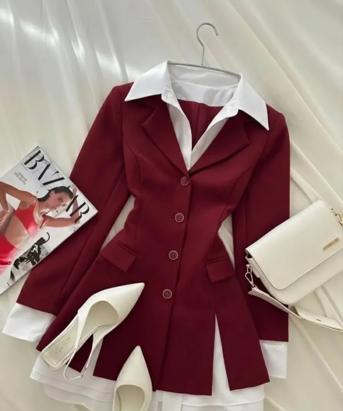 Elegant Layered Blazer Dress - Рокля в бордо