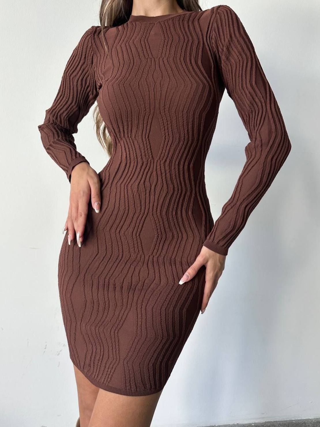 Riva Knit Dress Brown - къса бандажна рокля от фино плетиво