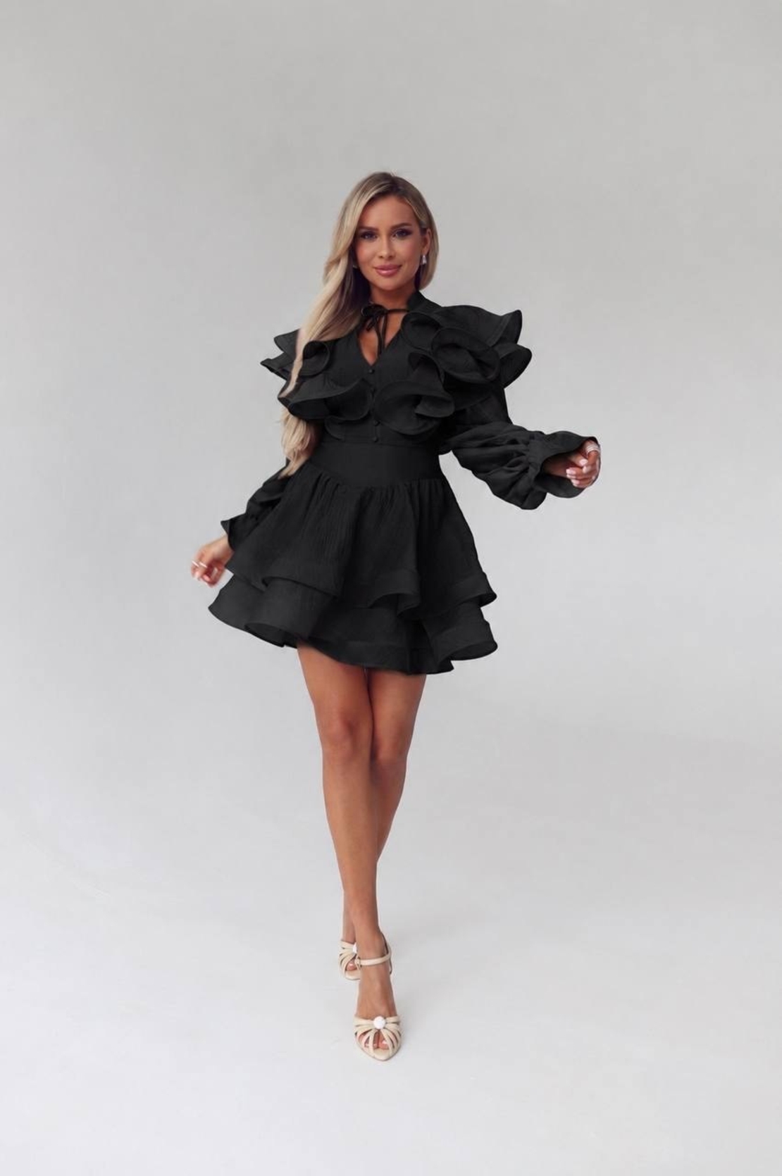 “ Azure Santorini “ black-  ефирна рокля с 3D волани
