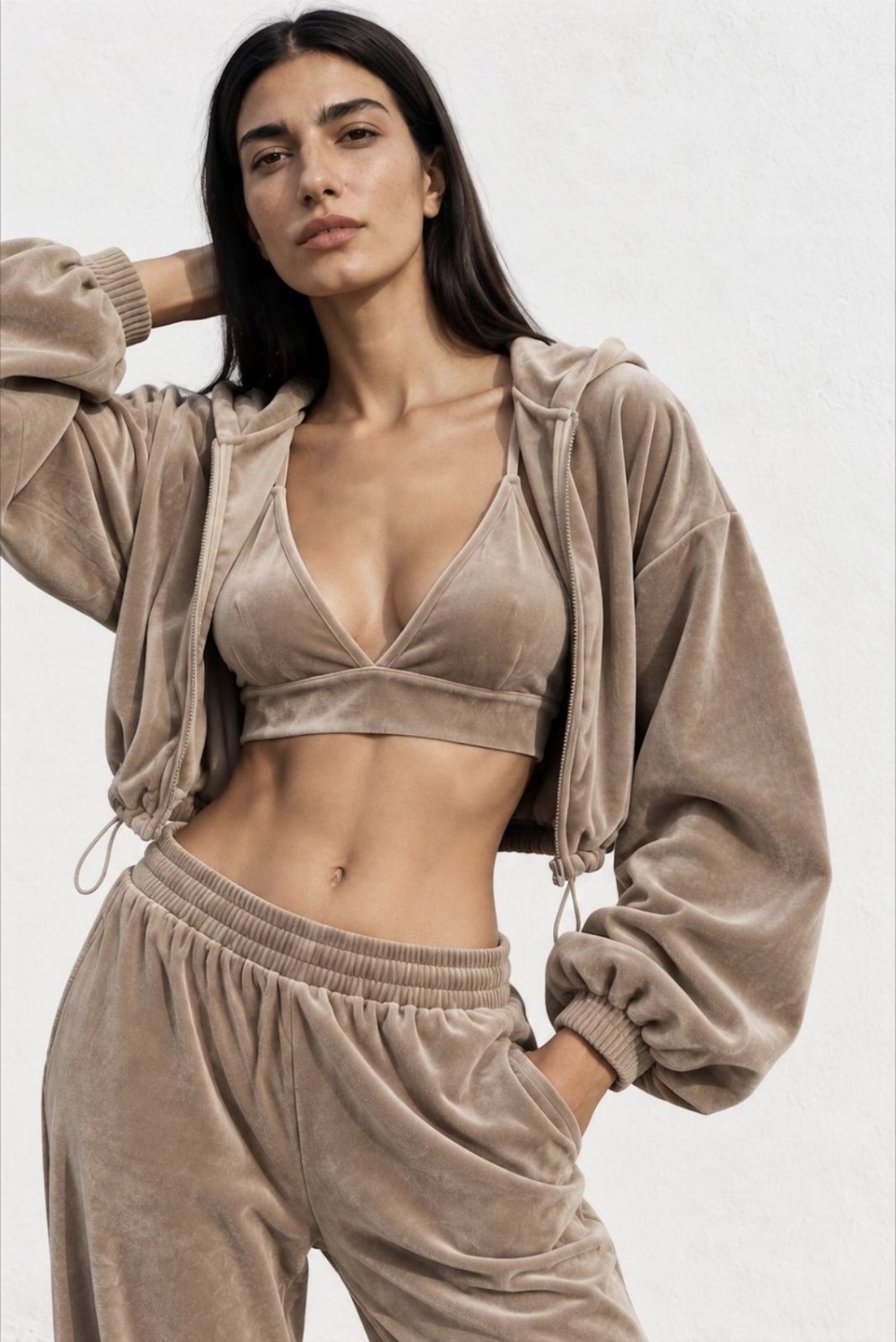 “ Velvet Glow Set “ beige - Велурен спортен екип 3 части