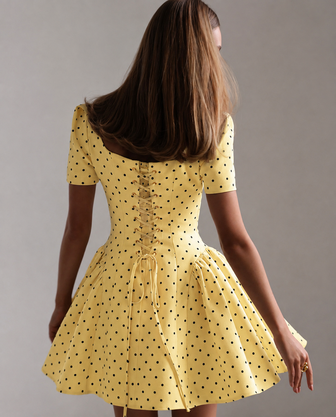 “Polka Grace” yellow - Рокля с връзки на гърба