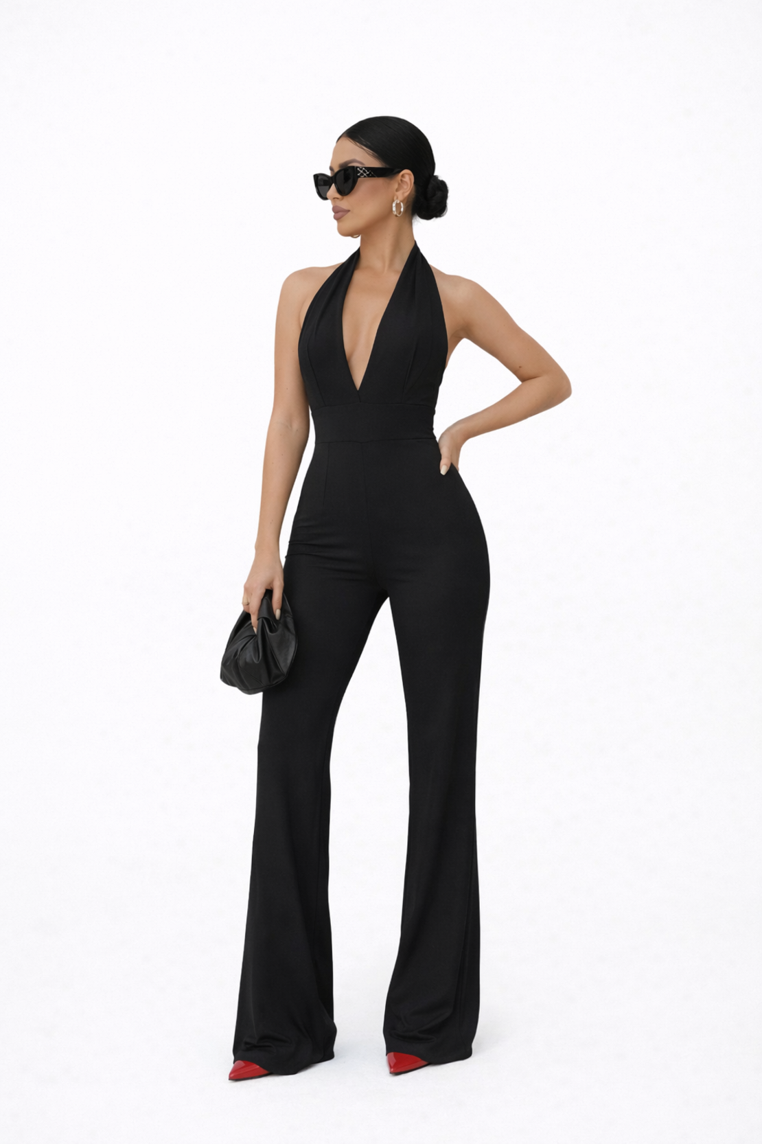 BLACK DIVA Елегантен гащеризон с гол гръб и дълбоко деколте