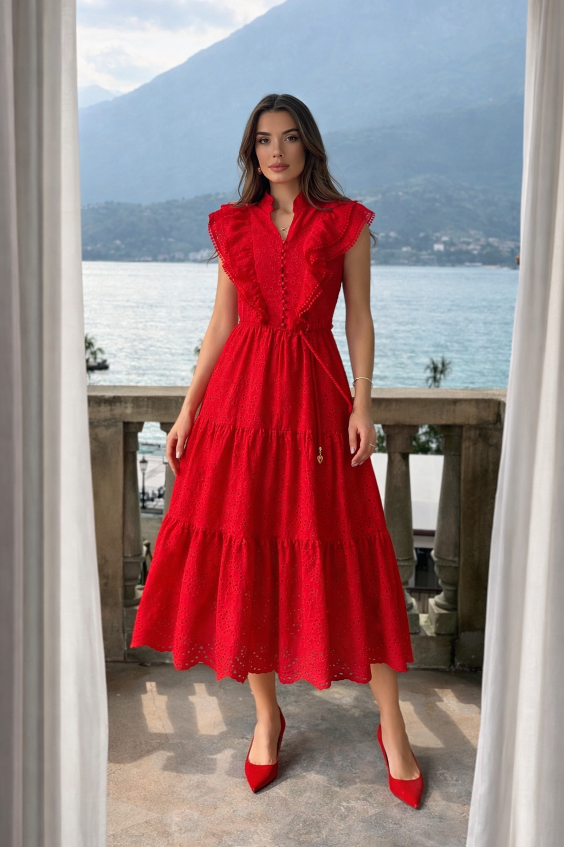 Дълга рокля с английска бродерия Red