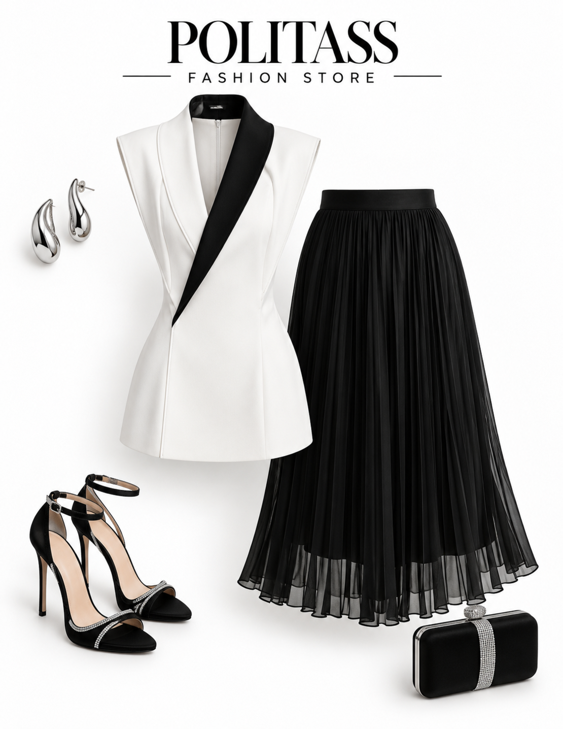 “ Black & White”  -  Elegance Dress - Елегантна рокля с контрастна яка и шифонена пола