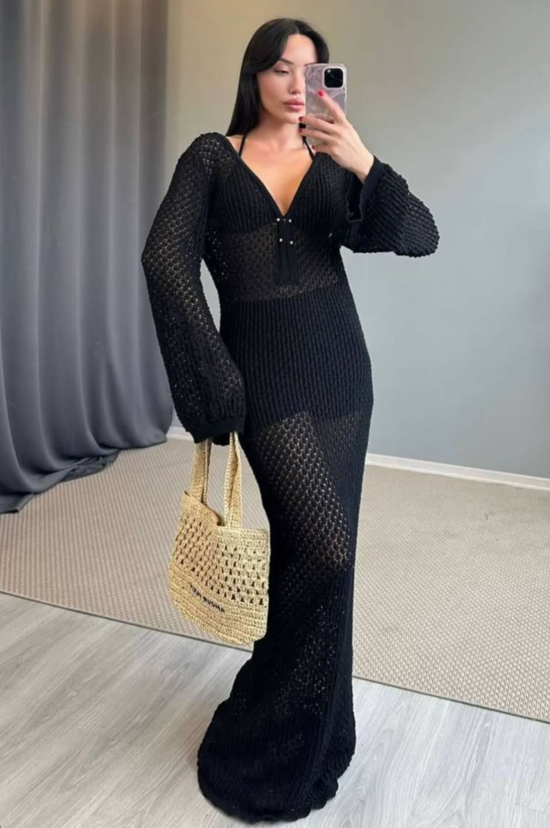 Oceana Backless – дълга плажна рокля с дълъг ръкав black