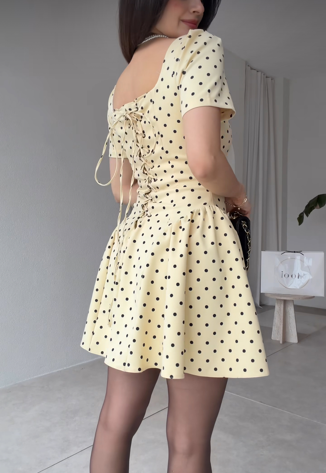 “Polka Grace” yellow - Рокля с връзки на гърба