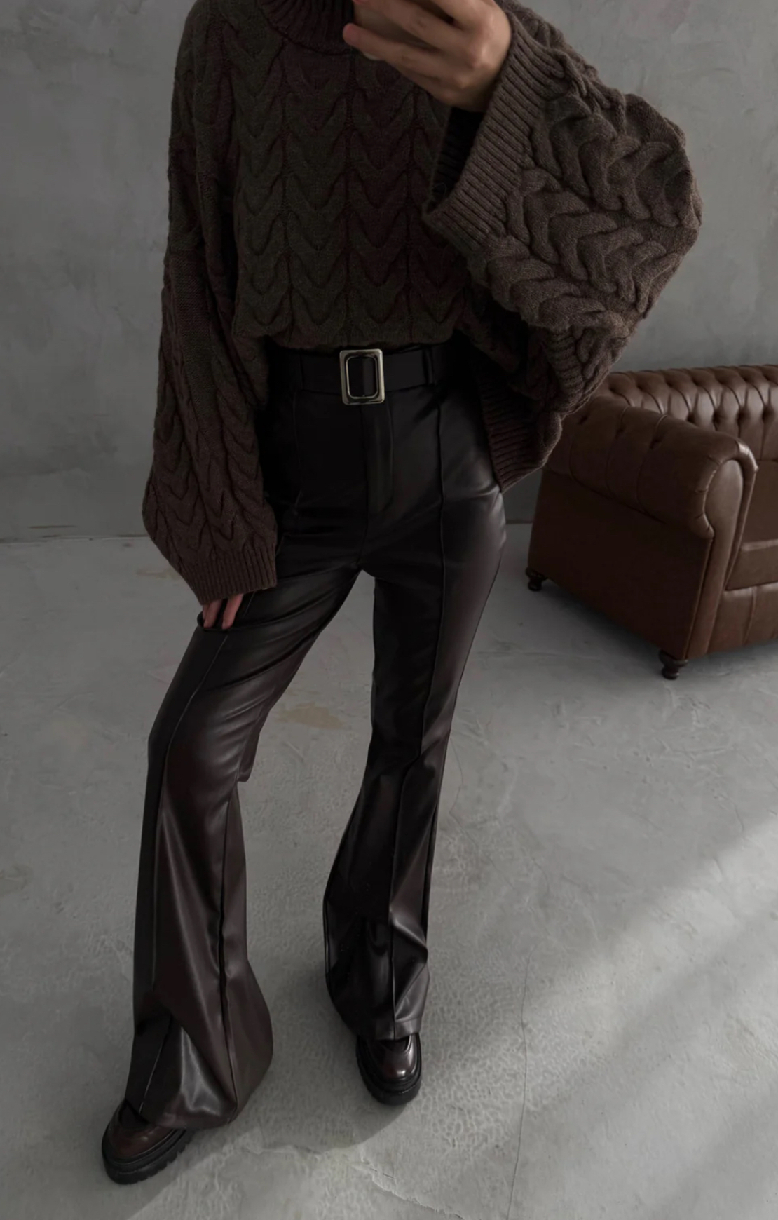 Кожен панталон High Rise Flare с колан Khaki