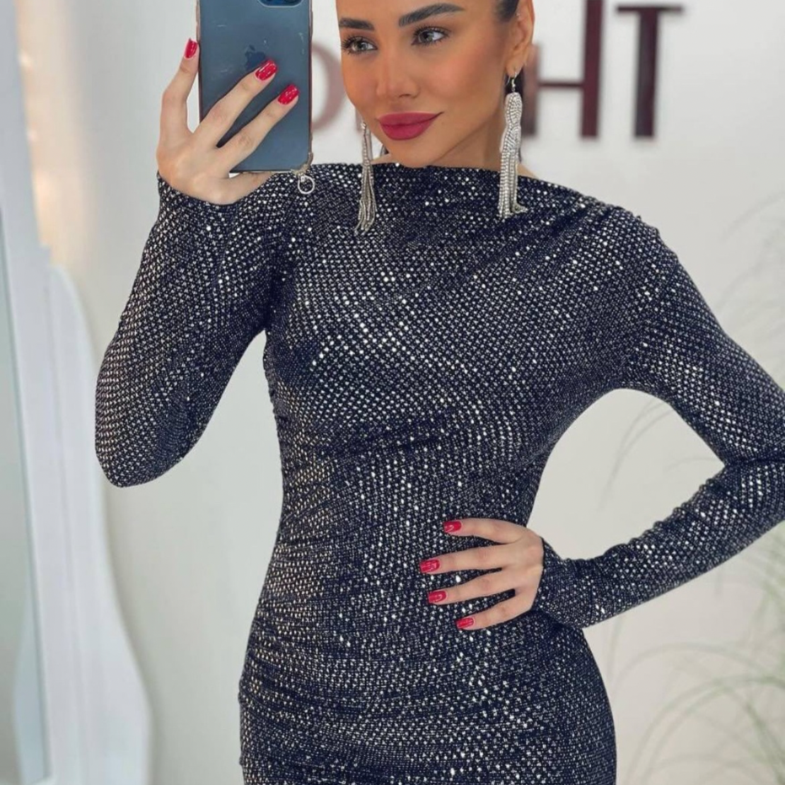 Дълга блестяща рокля по тялото с дълъг ръкав – графит