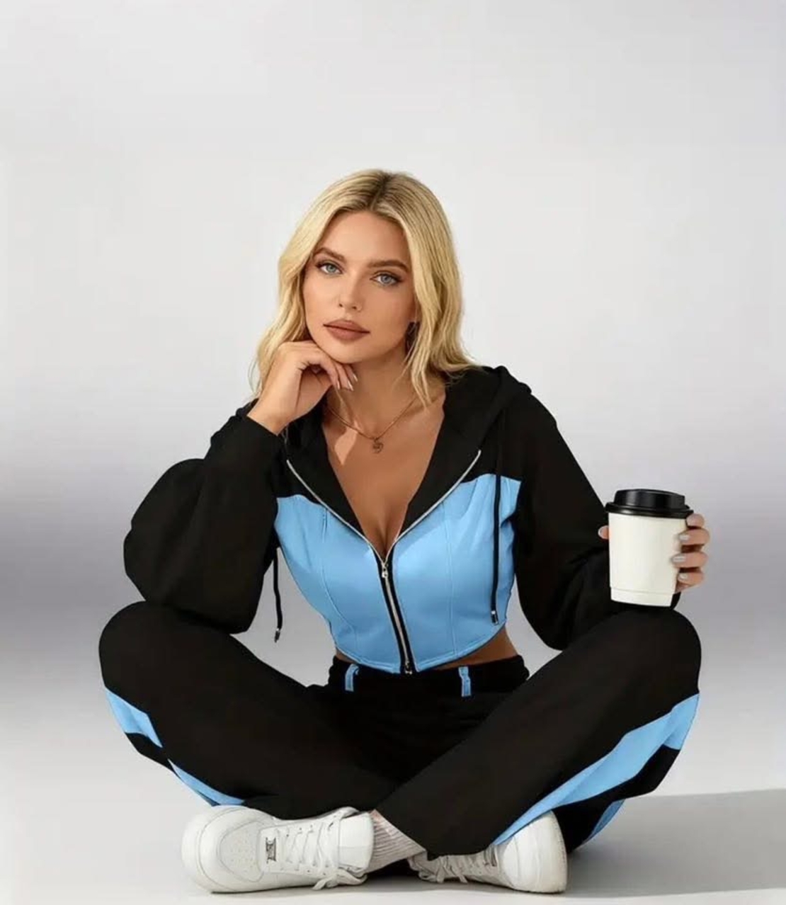 Памучен спортен екип със скъсен суитчър и деним долнище с висока талия