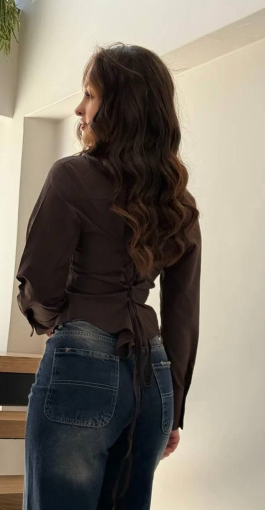 Риза с подчертан силует и връзки на талията - Brown