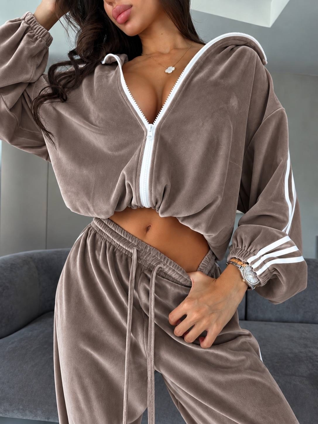“ Velour contrast Set “ brown -  спортен екип от мек велур