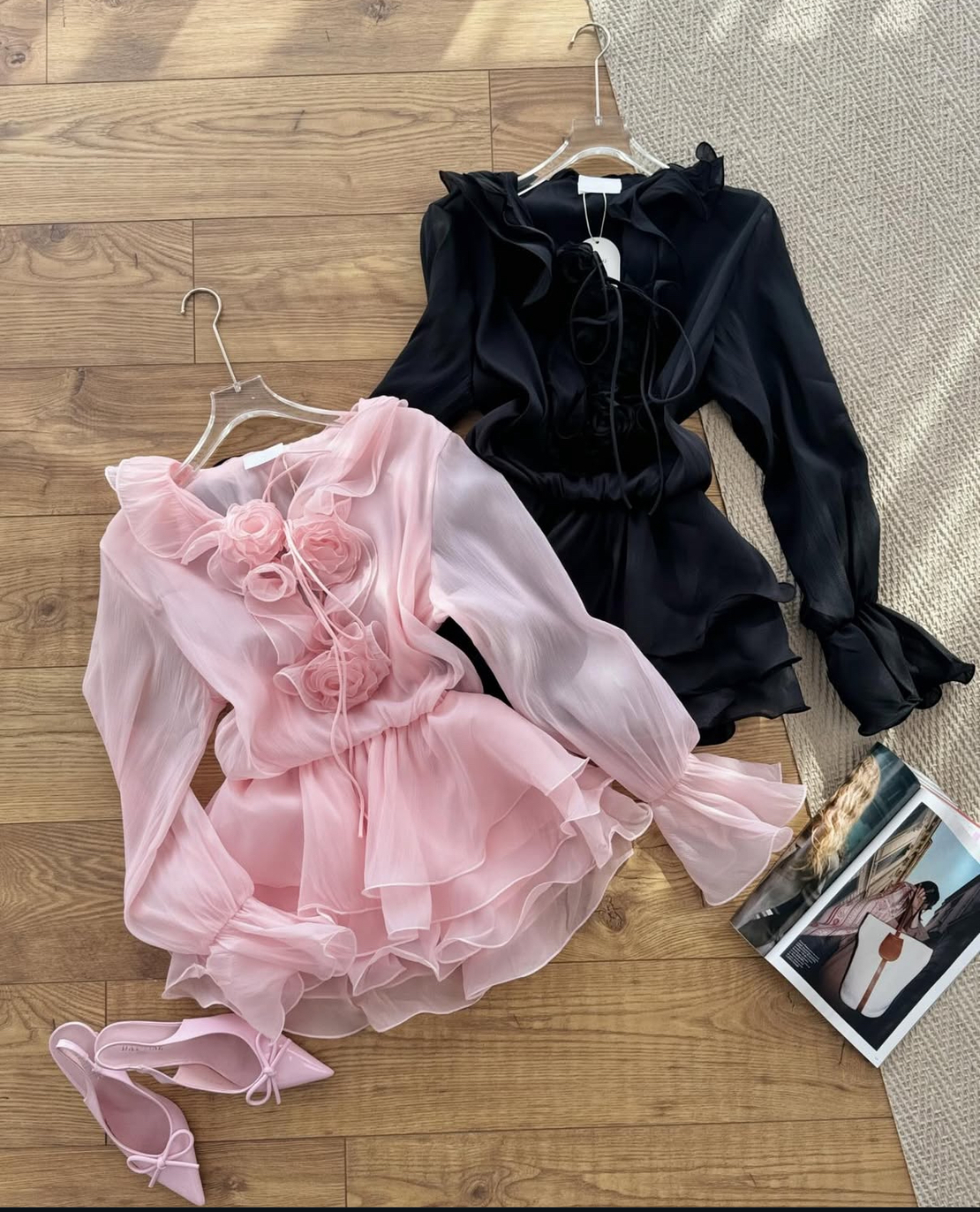 “Rosé Chic”  pink - Ефирна рокля с волани