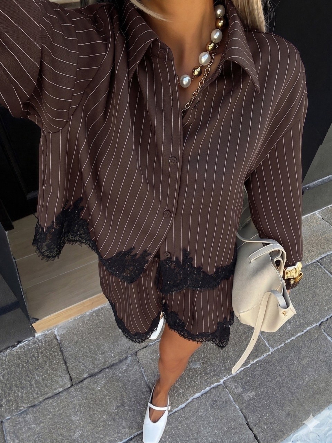 “ Lace Stripe Set “ brown - риза и панталонки с дантела