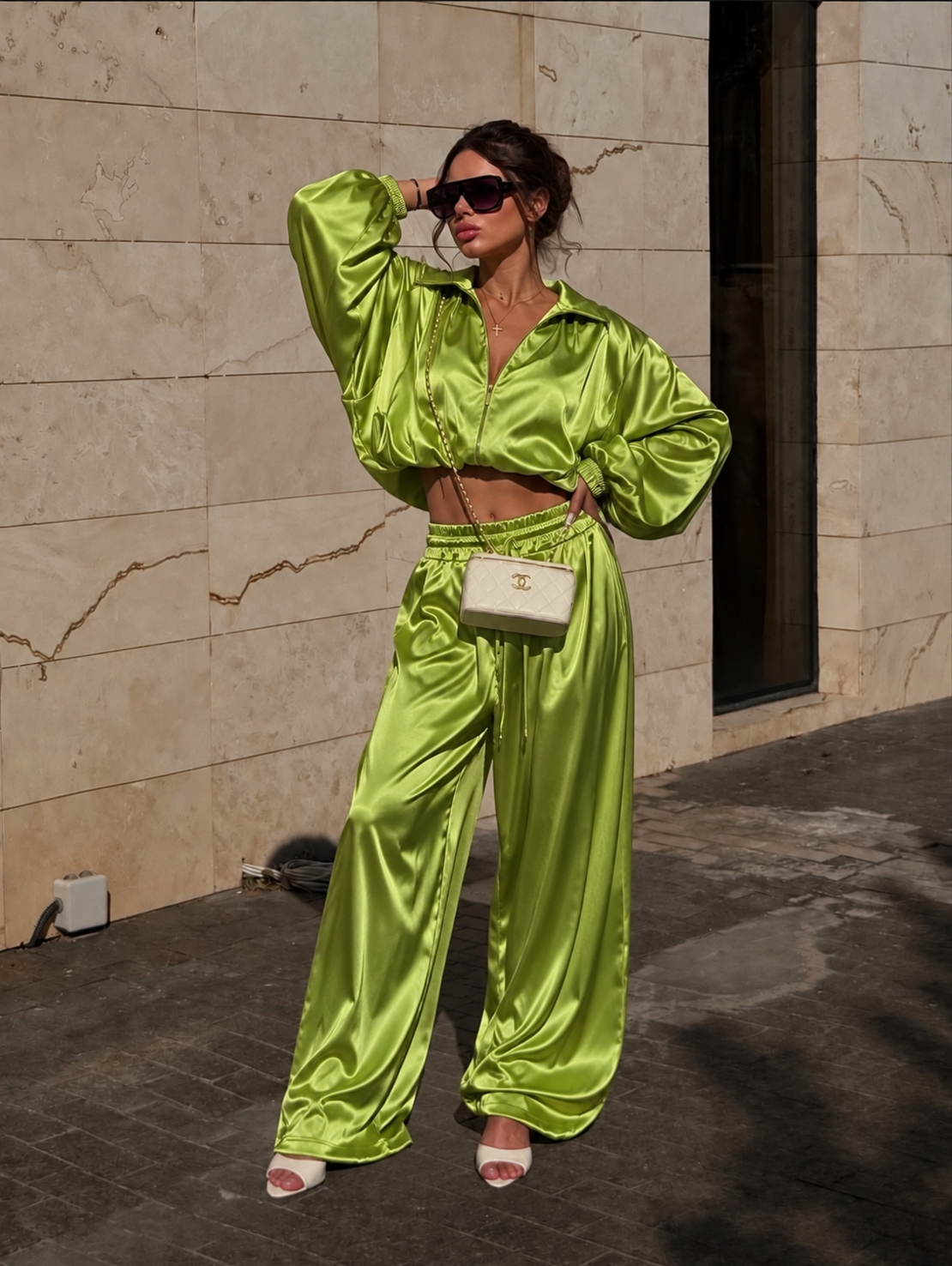 “ LUXE SATIN “ green – Дамски сатенен комплект 2 части