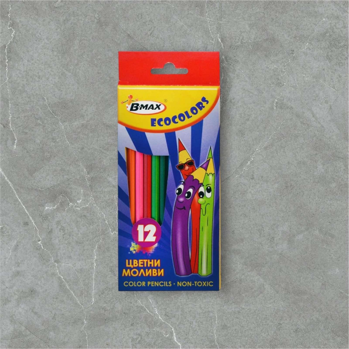 Цветни моливи B-Max - Ecocolor, 12 цвята