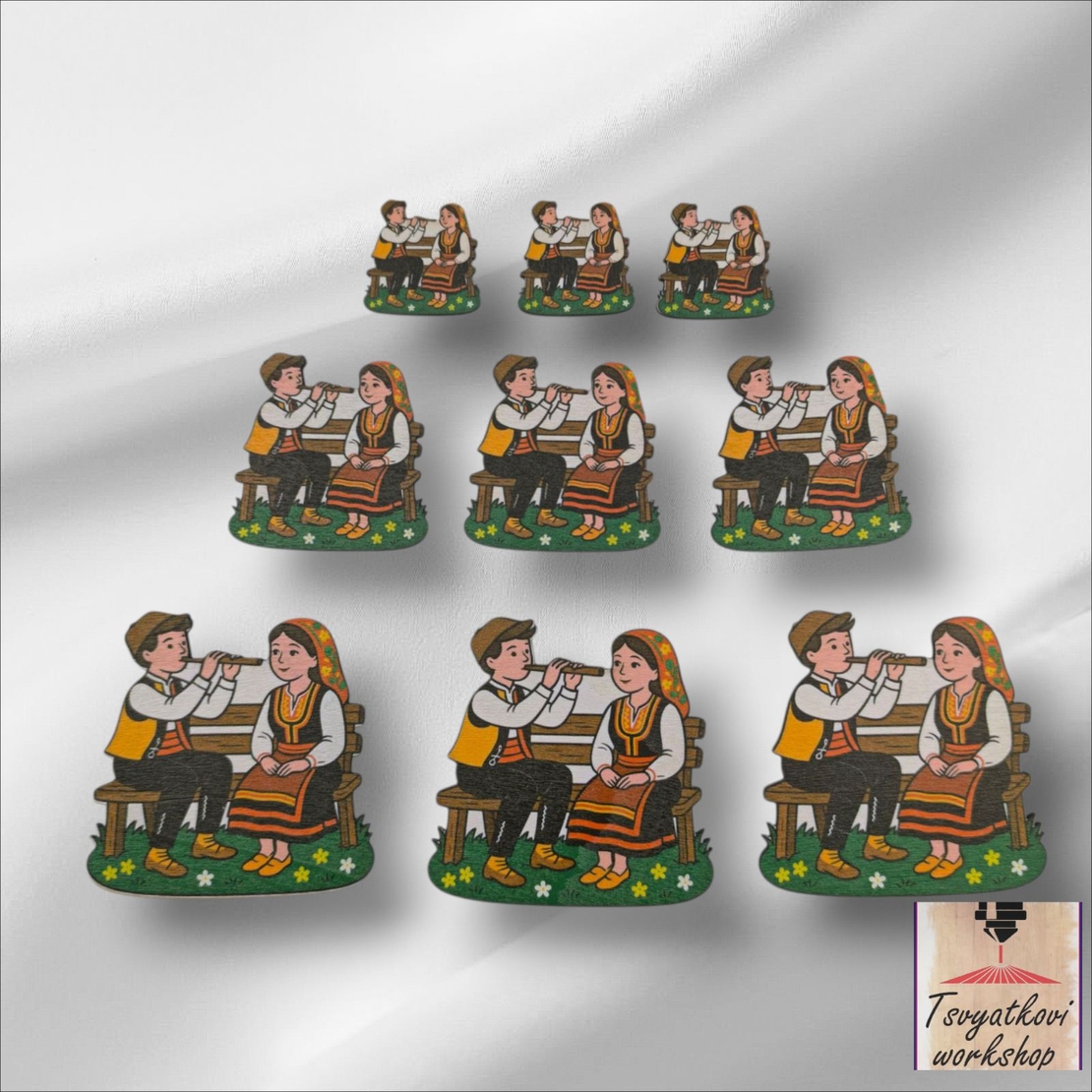 Дървена фигурка с фолклорен мотив – момче със свирка и момиче в народна носия-10бр.