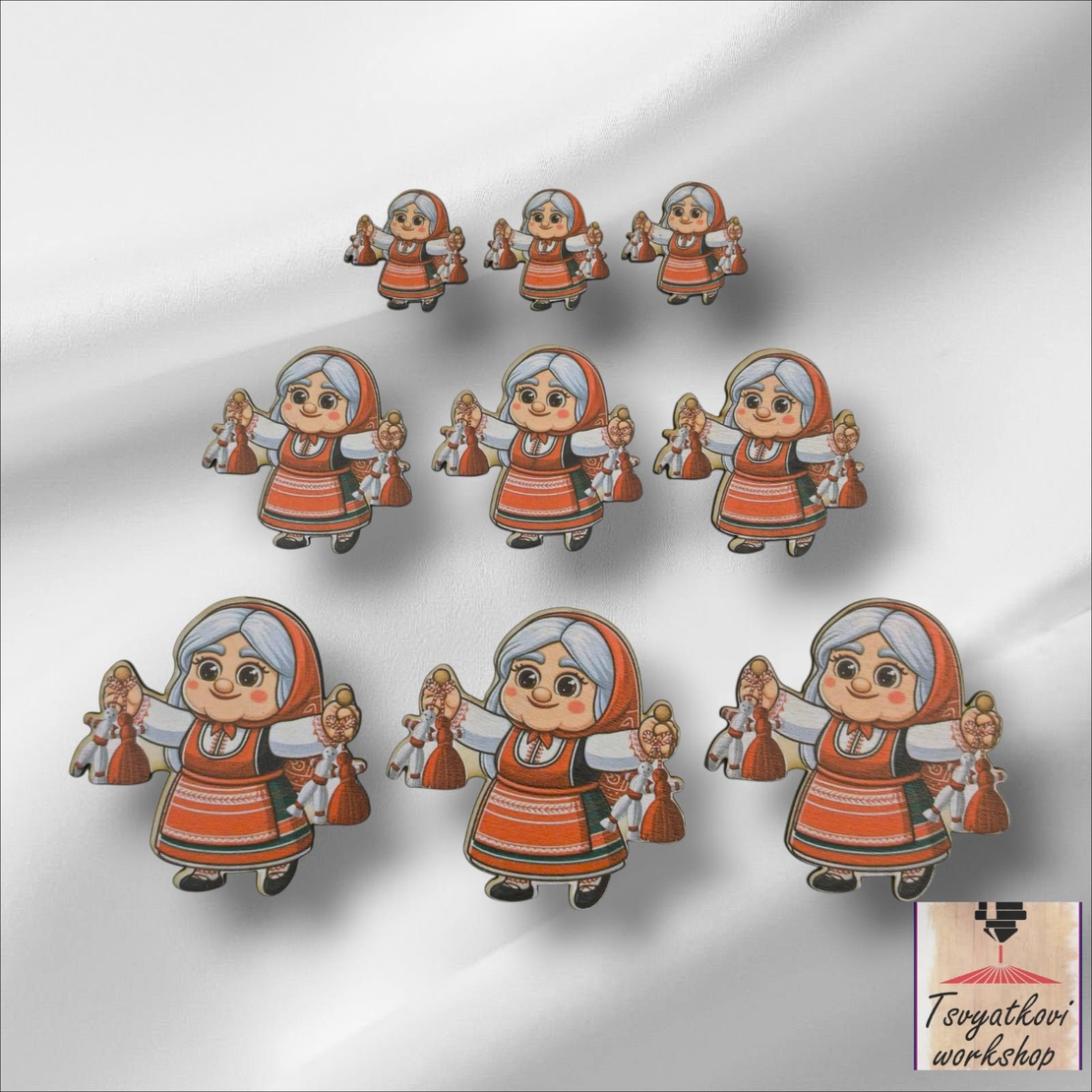 Цветна дървена фигурка на баба с мартеници – 10бр