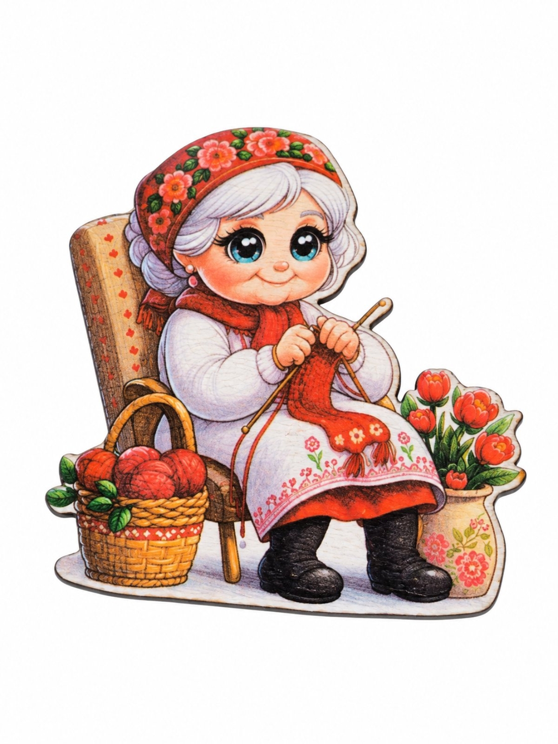 Цветна дървена фигурка Баба Марта плете-10бр