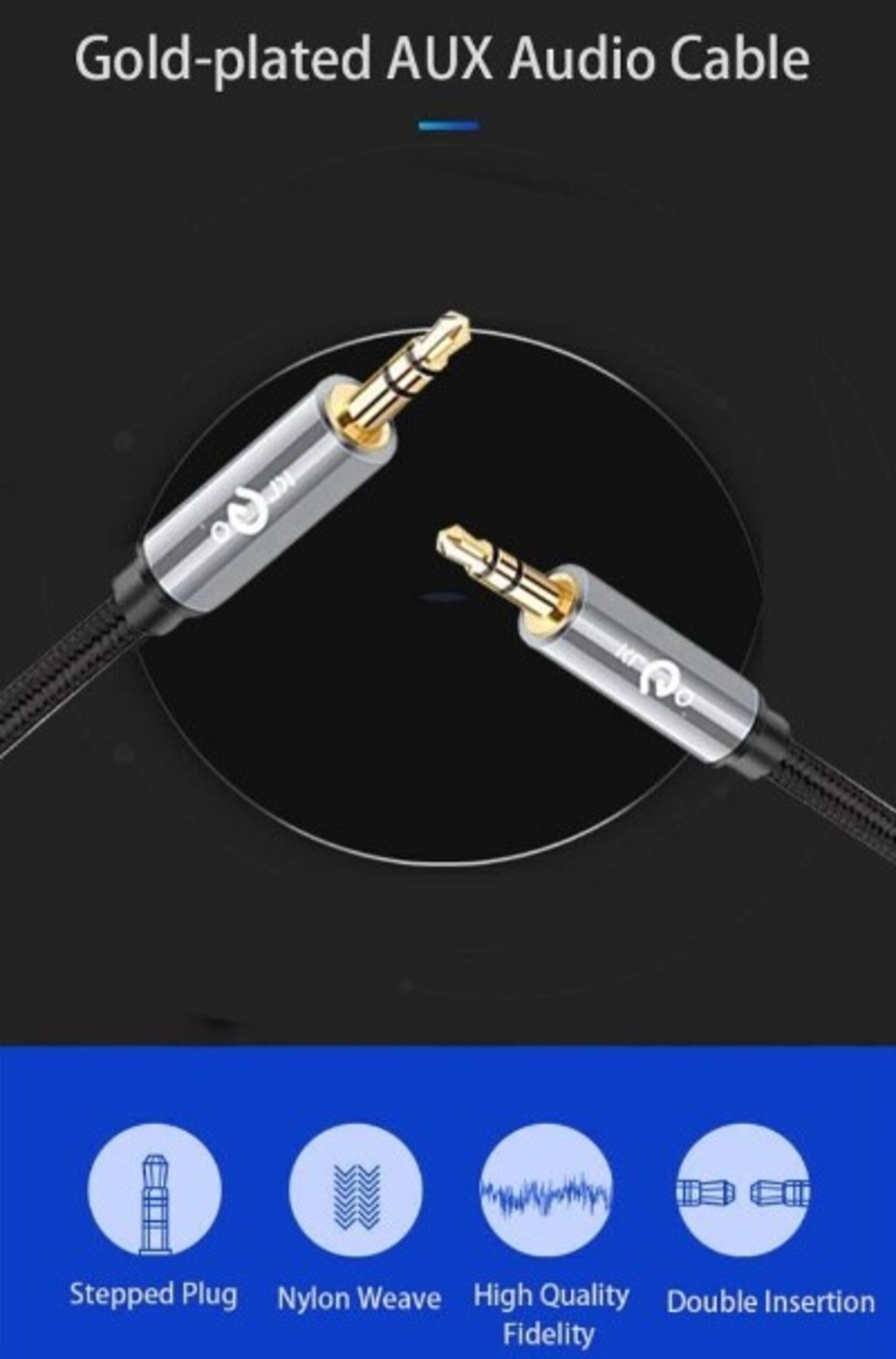 Аудио кабел KLGO, Жак 3.5 мм, AUX, М/М, 1м