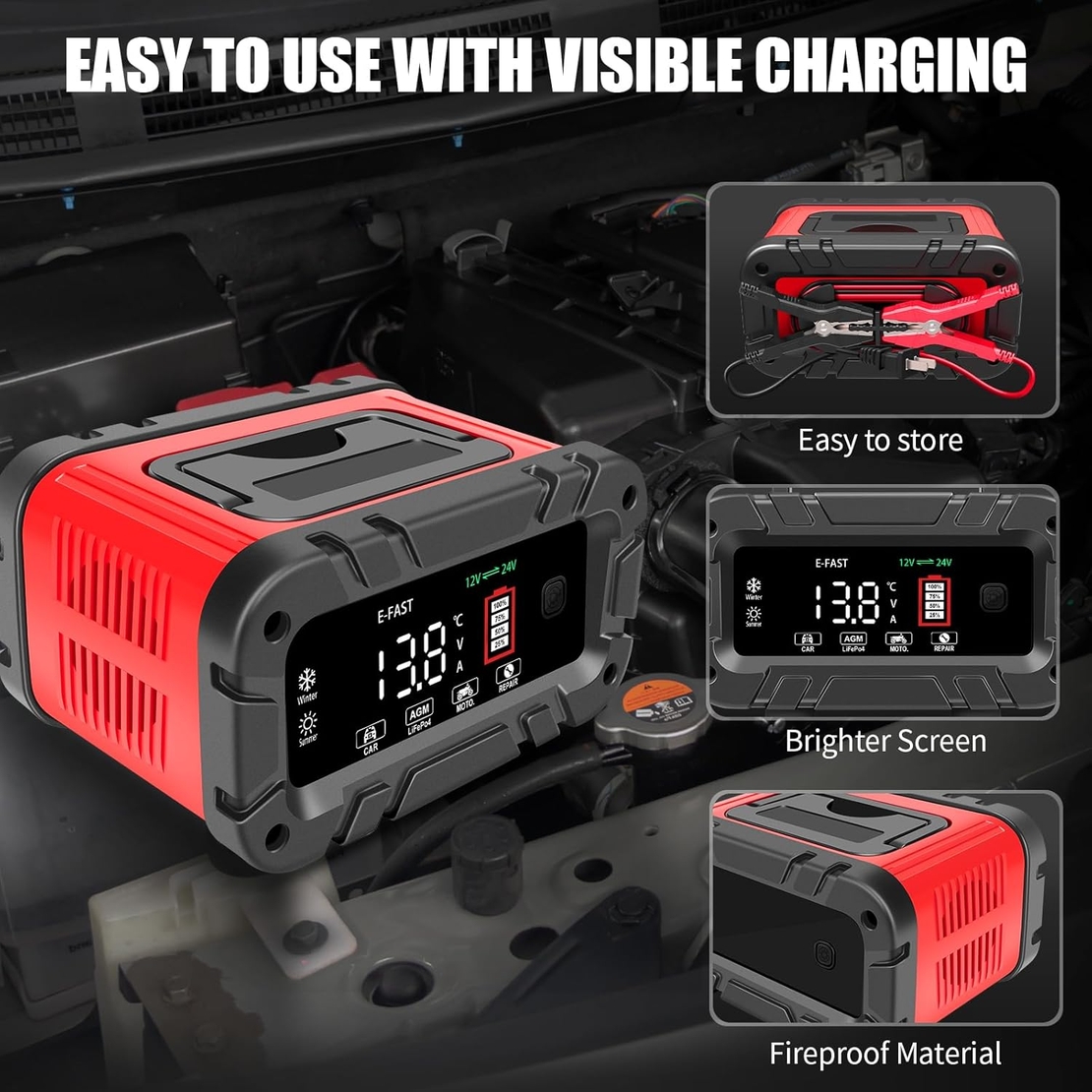 E-FAST 10A зарядно за батерии, подобрено 12V 24V LiFePO4 оловно-киселинно преносимо зарядно за автомобилни батерии, автомобилно зарядно устройство с интелигентен голям дисплей, поддържащо автомобилната батерия с температурна компенсация.