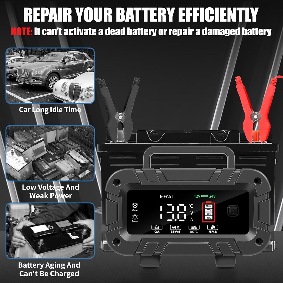 E-FAST 10A зарядно за батерии, подобрено 12V 24V LiFePO4 оловно-киселинно преносимо зарядно за автомобилни батерии, автомобилно зарядно устройство с интелигентен голям дисплей, поддържащо автомобилната батерия с температурна компенсация.