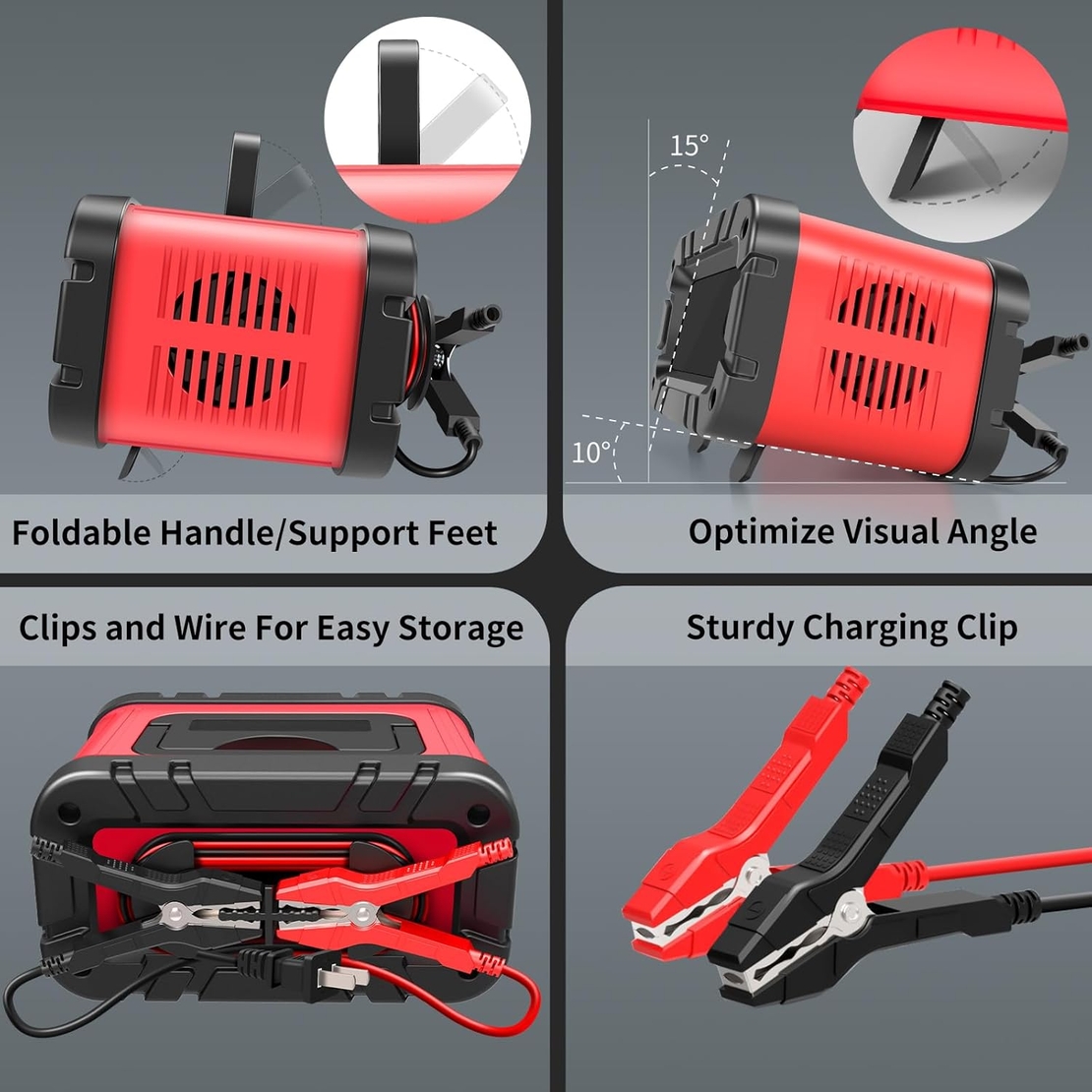 E-FAST 10A зарядно за батерии, подобрено 12V 24V LiFePO4 оловно-киселинно преносимо зарядно за автомобилни батерии, автомобилно зарядно устройство с интелигентен голям дисплей, поддържащо автомобилната батерия с температурна компенсация.