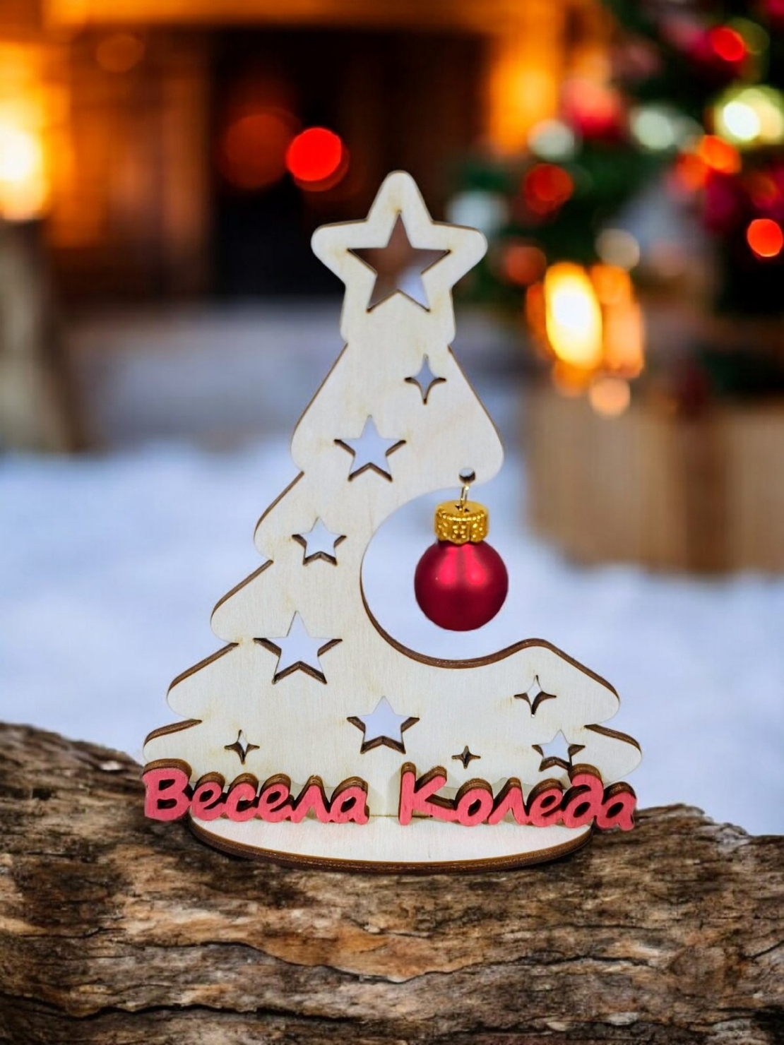 Дървена елха със стойка , висулка и 3Д надпис