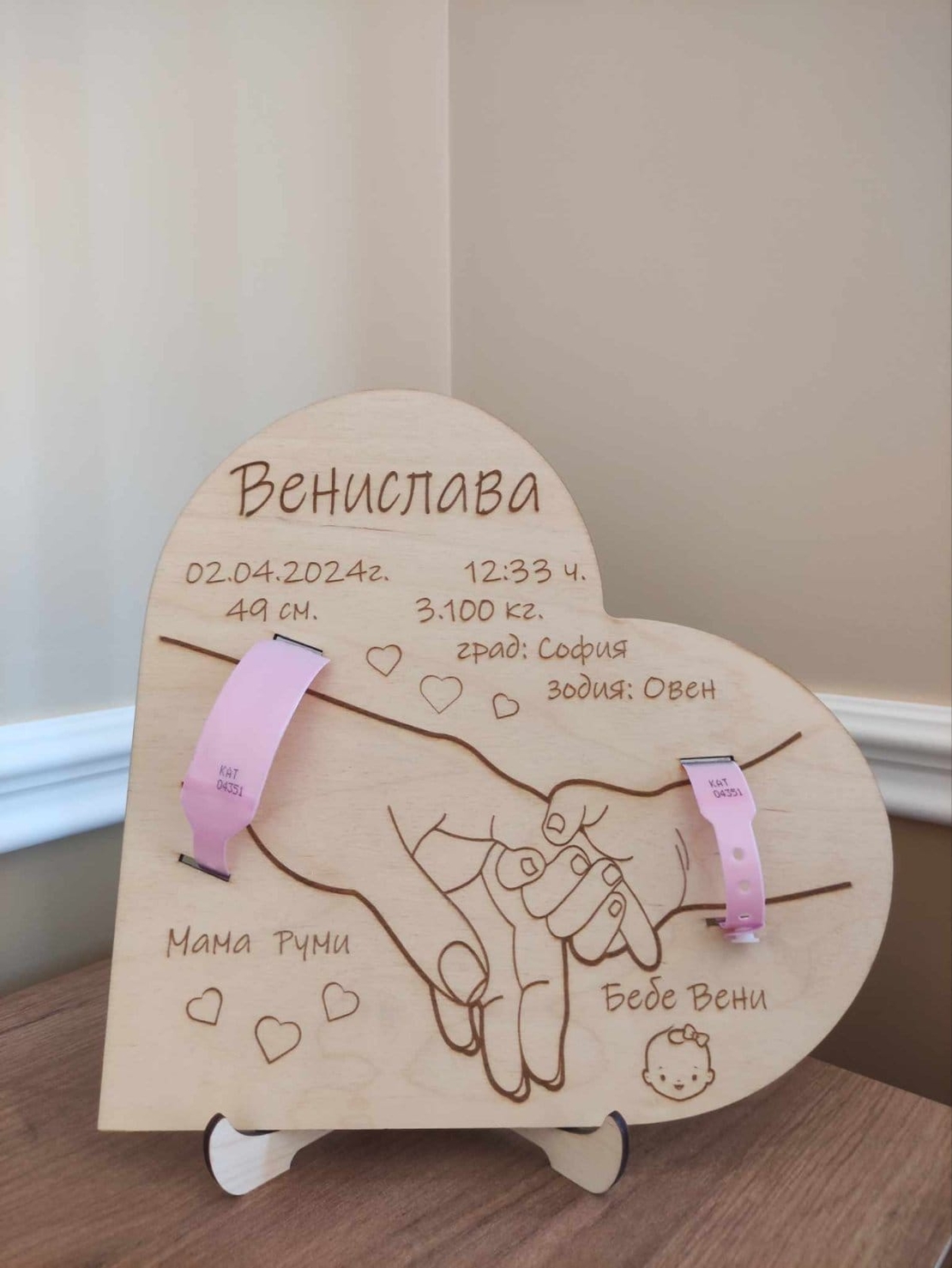 Бебешка визитка с отвори за родилните гривни на мама и бебе -