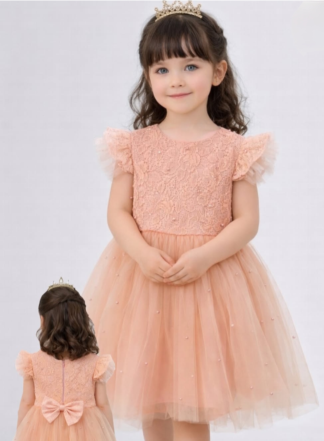 Рокля с тюл и перли в прасковен цвят